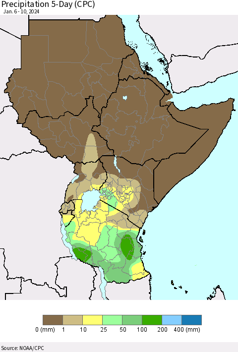 Eastern Africa Precipitation 5-Day (CPC) Thematic Map For 1/6/2024 - 1/10/2024