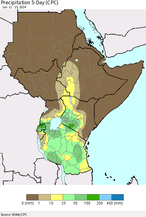 Eastern Africa Precipitation 5-Day (CPC) Thematic Map For 1/11/2024 - 1/15/2024