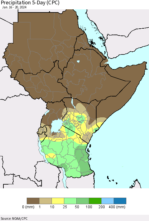 Eastern Africa Precipitation 5-Day (CPC) Thematic Map For 1/16/2024 - 1/20/2024