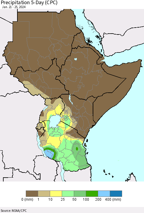 Eastern Africa Precipitation 5-Day (CPC) Thematic Map For 1/21/2024 - 1/25/2024