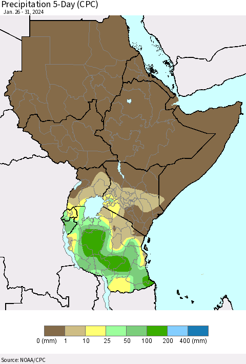 Eastern Africa Precipitation 5-Day (CPC) Thematic Map For 1/26/2024 - 1/31/2024