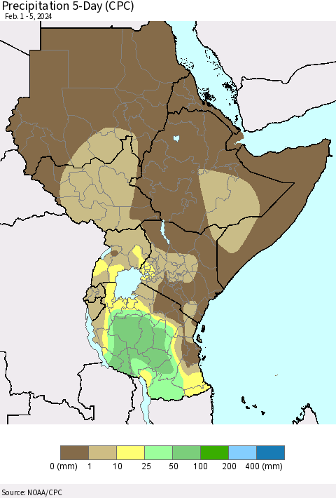 Eastern Africa Precipitation 5-Day (CPC) Thematic Map For 2/1/2024 - 2/5/2024