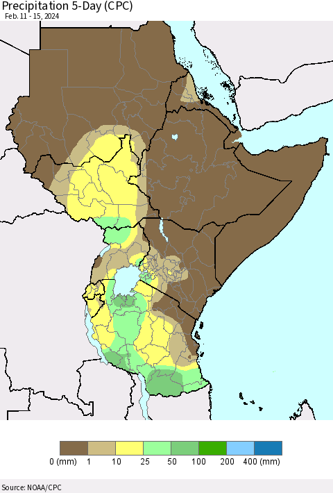 Eastern Africa Precipitation 5-Day (CPC) Thematic Map For 2/11/2024 - 2/15/2024