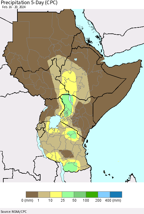 Eastern Africa Precipitation 5-Day (CPC) Thematic Map For 2/16/2024 - 2/20/2024
