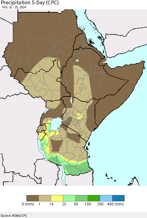 Eastern Africa Precipitation 5-Day (CPC) Thematic Map For 2/21/2024 - 2/25/2024