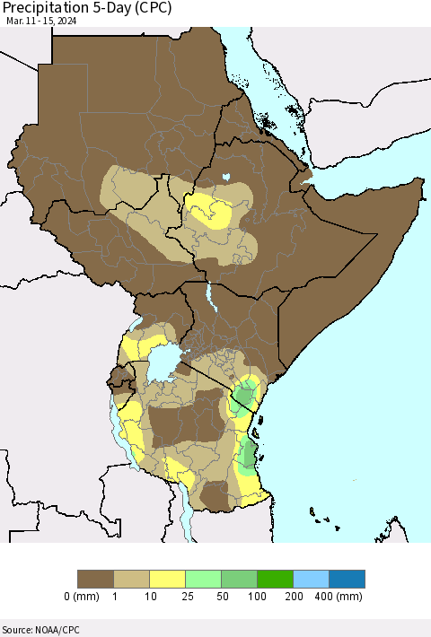 Eastern Africa Precipitation 5-Day (CPC) Thematic Map For 3/11/2024 - 3/15/2024