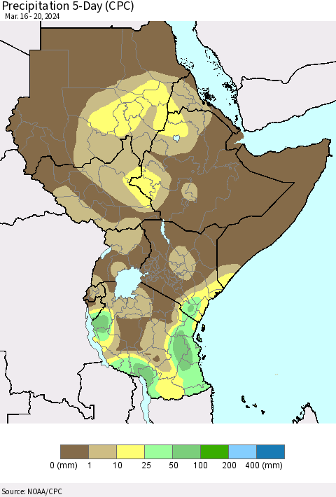 Eastern Africa Precipitation 5-Day (CPC) Thematic Map For 3/16/2024 - 3/20/2024