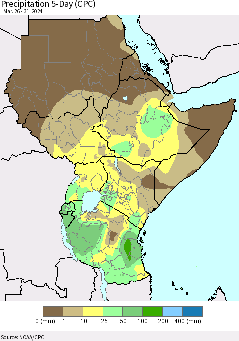 Eastern Africa Precipitation 5-Day (CPC) Thematic Map For 3/26/2024 - 3/31/2024