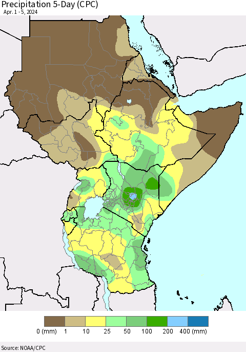 Eastern Africa Precipitation 5-Day (CPC) Thematic Map For 4/1/2024 - 4/5/2024