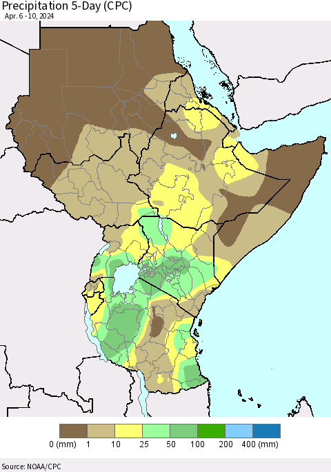 Eastern Africa Precipitation 5-Day (CPC) Thematic Map For 4/6/2024 - 4/10/2024