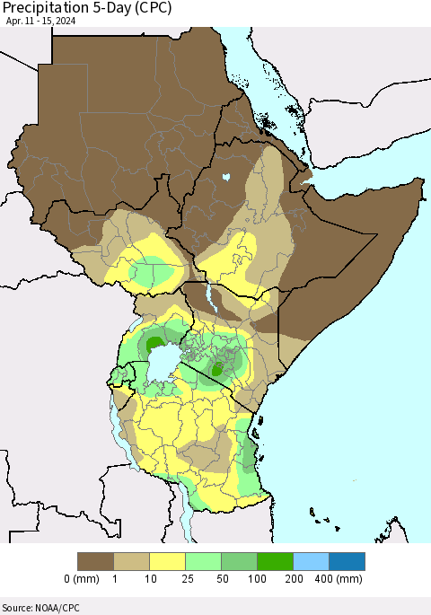 Eastern Africa Precipitation 5-Day (CPC) Thematic Map For 4/11/2024 - 4/15/2024