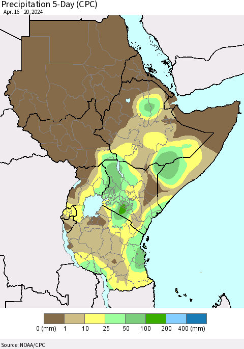 Eastern Africa Precipitation 5-Day (CPC) Thematic Map For 4/16/2024 - 4/20/2024