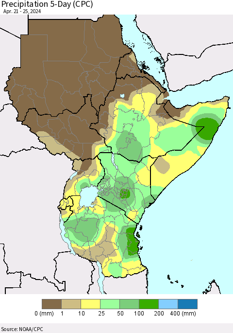 Eastern Africa Precipitation 5-Day (CPC) Thematic Map For 4/21/2024 - 4/25/2024