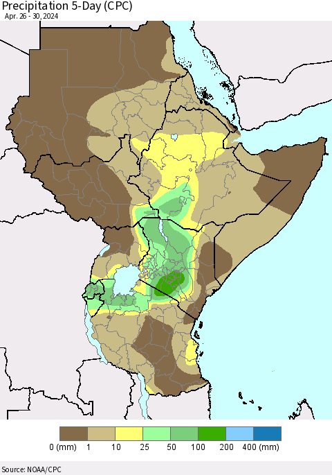 Eastern Africa Precipitation 5-Day (CPC) Thematic Map For 4/26/2024 - 4/30/2024