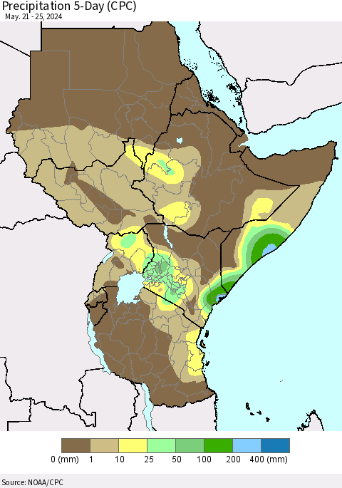 Eastern Africa Precipitation 5-Day (CPC) Thematic Map For 5/21/2024 - 5/25/2024