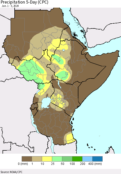 Eastern Africa Precipitation 5-Day (CPC) Thematic Map For 6/1/2024 - 6/5/2024