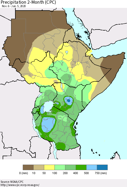 Eastern Africa Precipitation 2-Month (CPC) Thematic Map For 11/6/2019 - 1/5/2020