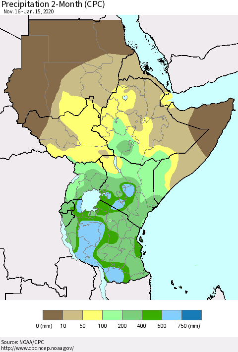 Eastern Africa Precipitation 2-Month (CPC) Thematic Map For 11/16/2019 - 1/15/2020