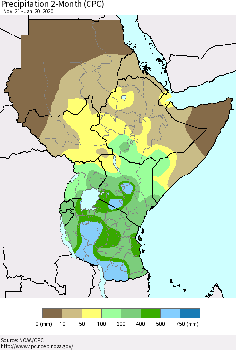 Eastern Africa Precipitation 2-Month (CPC) Thematic Map For 11/21/2019 - 1/20/2020