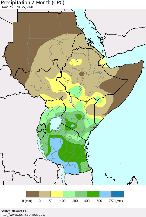 Eastern Africa Precipitation 2-Month (CPC) Thematic Map For 11/26/2019 - 1/25/2020
