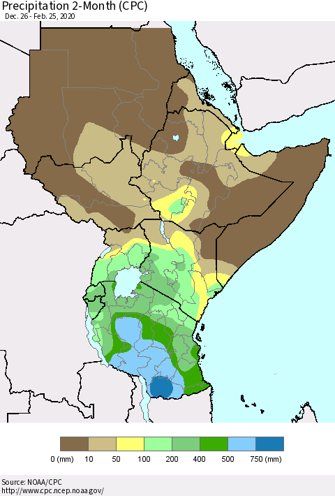 Eastern Africa Precipitation 2-Month (CPC) Thematic Map For 12/26/2019 - 2/25/2020