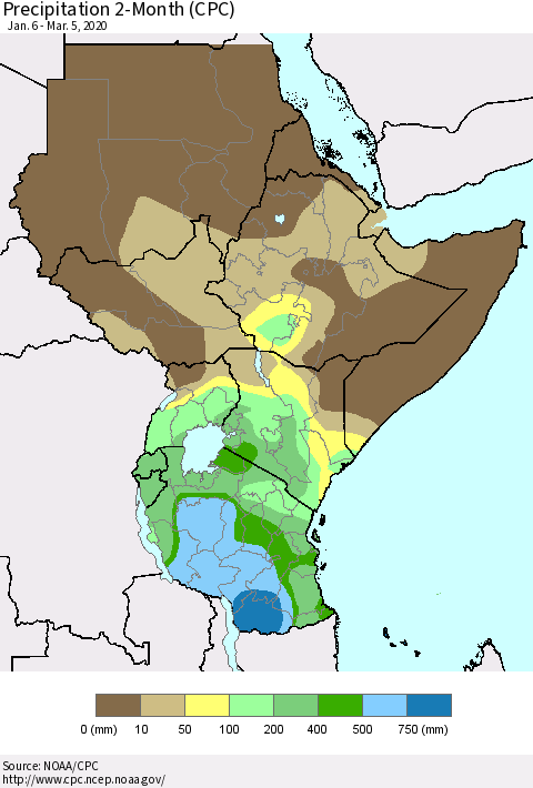 Eastern Africa Precipitation 2-Month (CPC) Thematic Map For 1/6/2020 - 3/5/2020