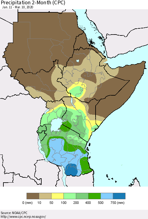 Eastern Africa Precipitation 2-Month (CPC) Thematic Map For 1/11/2020 - 3/10/2020