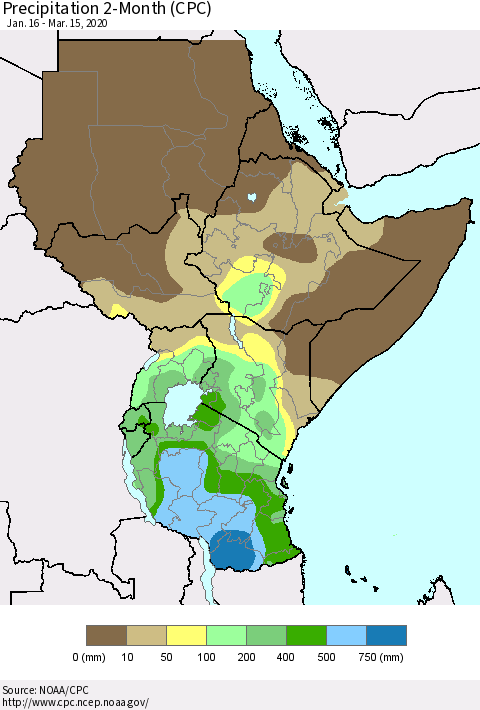 Eastern Africa Precipitation 2-Month (CPC) Thematic Map For 1/16/2020 - 3/15/2020