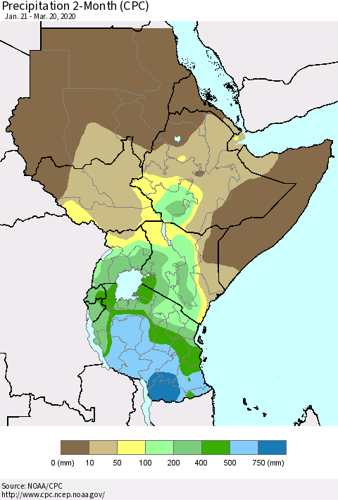 Eastern Africa Precipitation 2-Month (CPC) Thematic Map For 1/21/2020 - 3/20/2020