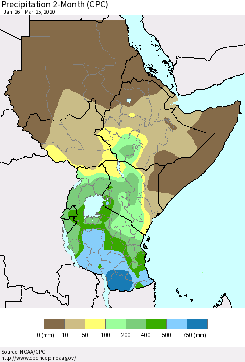 Eastern Africa Precipitation 2-Month (CPC) Thematic Map For 1/26/2020 - 3/25/2020