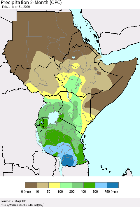 Eastern Africa Precipitation 2-Month (CPC) Thematic Map For 2/1/2020 - 3/31/2020