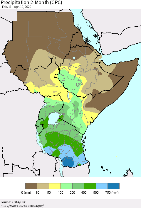 Eastern Africa Precipitation 2-Month (CPC) Thematic Map For 2/11/2020 - 4/10/2020