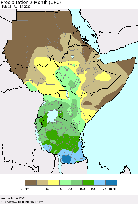 Eastern Africa Precipitation 2-Month (CPC) Thematic Map For 2/16/2020 - 4/15/2020