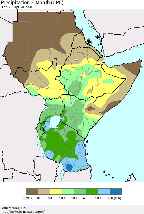 Eastern Africa Precipitation 2-Month (CPC) Thematic Map For 2/21/2020 - 4/20/2020