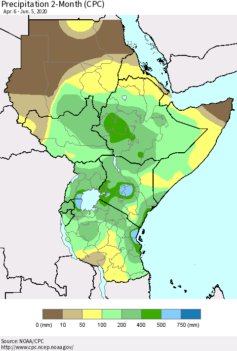 Eastern Africa Precipitation 2-Month (CPC) Thematic Map For 4/6/2020 - 6/5/2020