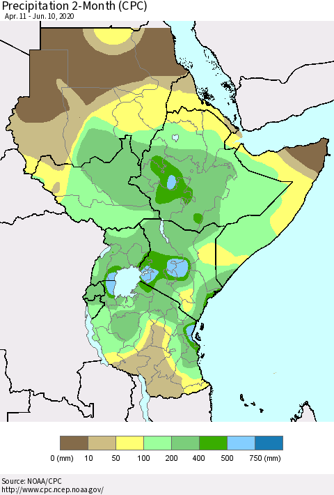 Eastern Africa Precipitation 2-Month (CPC) Thematic Map For 4/11/2020 - 6/10/2020