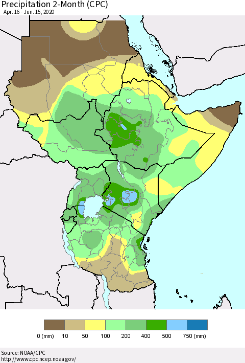 Eastern Africa Precipitation 2-Month (CPC) Thematic Map For 4/16/2020 - 6/15/2020