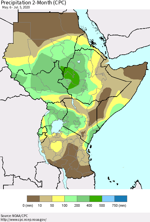 Eastern Africa Precipitation 2-Month (CPC) Thematic Map For 5/6/2020 - 7/5/2020