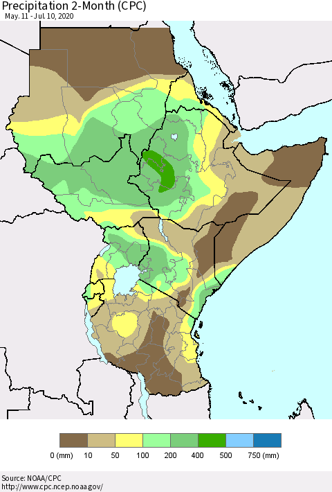 Eastern Africa Precipitation 2-Month (CPC) Thematic Map For 5/11/2020 - 7/10/2020
