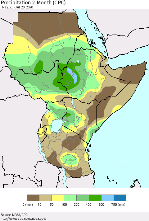 Eastern Africa Precipitation 2-Month (CPC) Thematic Map For 5/21/2020 - 7/20/2020