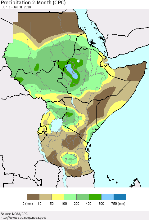 Eastern Africa Precipitation 2-Month (CPC) Thematic Map For 6/1/2020 - 7/31/2020