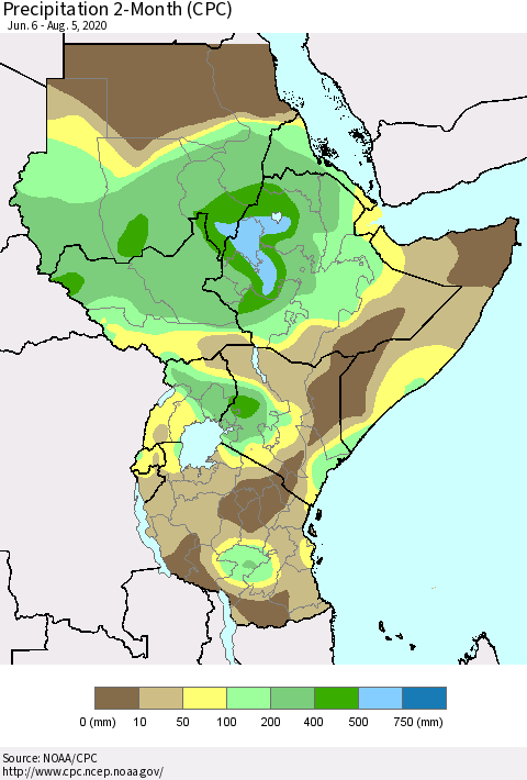 Eastern Africa Precipitation 2-Month (CPC) Thematic Map For 6/6/2020 - 8/5/2020