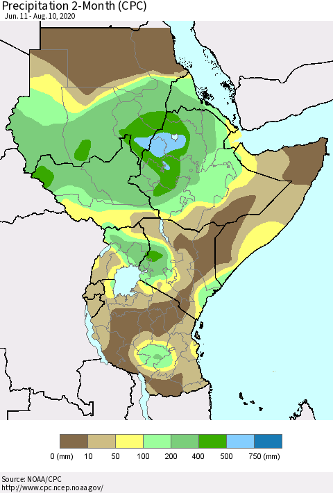 Eastern Africa Precipitation 2-Month (CPC) Thematic Map For 6/11/2020 - 8/10/2020