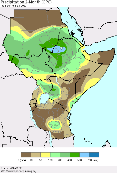 Eastern Africa Precipitation 2-Month (CPC) Thematic Map For 6/16/2020 - 8/15/2020