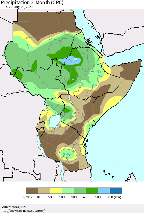 Eastern Africa Precipitation 2-Month (CPC) Thematic Map For 6/21/2020 - 8/20/2020