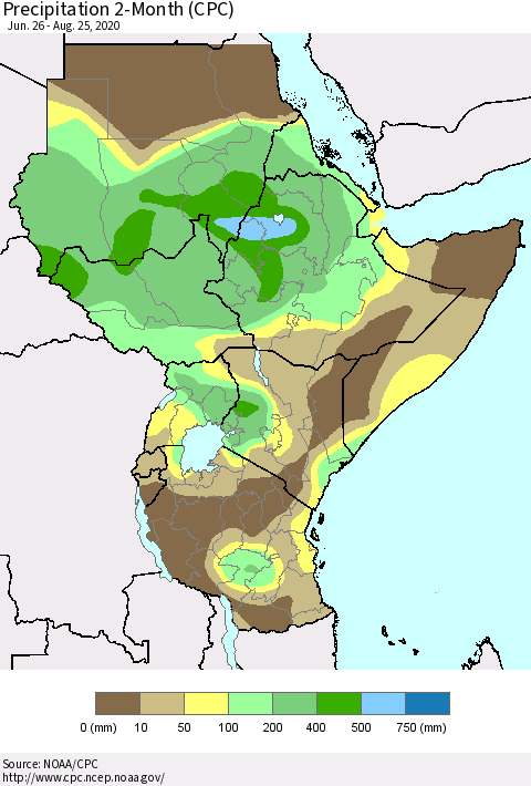 Eastern Africa Precipitation 2-Month (CPC) Thematic Map For 6/26/2020 - 8/25/2020