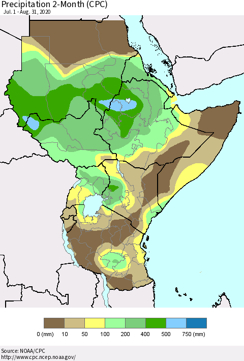 Eastern Africa Precipitation 2-Month (CPC) Thematic Map For 7/1/2020 - 8/31/2020