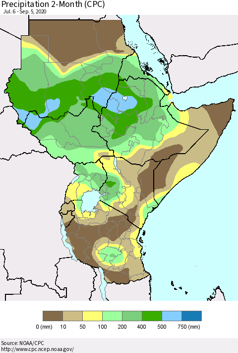 Eastern Africa Precipitation 2-Month (CPC) Thematic Map For 7/6/2020 - 9/5/2020