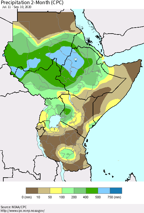 Eastern Africa Precipitation 2-Month (CPC) Thematic Map For 7/11/2020 - 9/10/2020