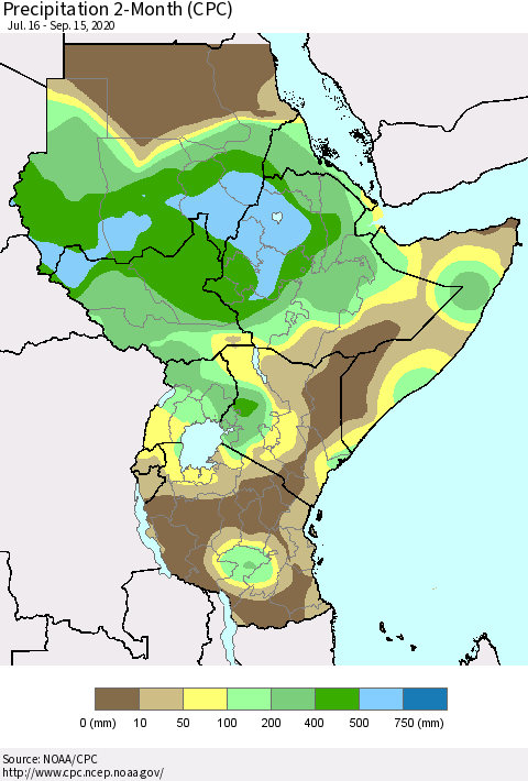 Eastern Africa Precipitation 2-Month (CPC) Thematic Map For 7/16/2020 - 9/15/2020